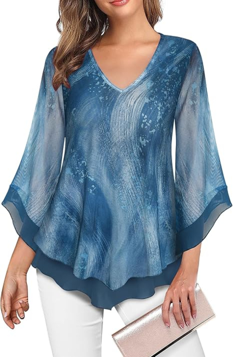 Tricou larg de vară pentru femei, 2 straturi, maneci 3/4, albastru 2XL [2]