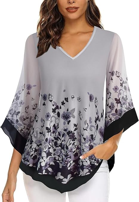 Tricou larg de vară pentru femei, 2 straturi, maneci 3/4, gri L [3]