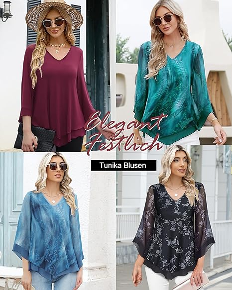 Tricou larg de vară pentru femei, 2 straturi, maneci 3/4, albastru 2XL [6]