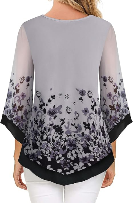 Tricou larg de vară pentru femei, 2 straturi, maneci 3/4, gri L [4]