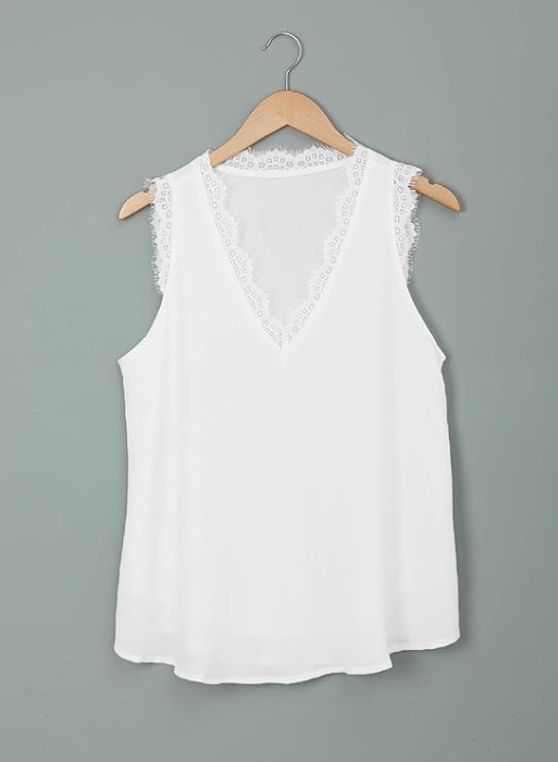 Tricou lejer de vară, cu guler in V, dantela, alb M [4]
