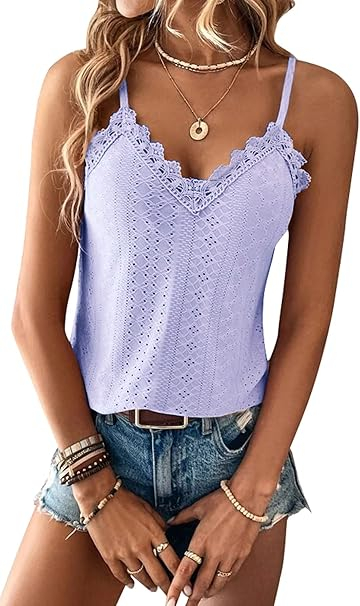 Tricou lejer de vară, cu guler in V, bretele subtiri, dantela, mov M [3]