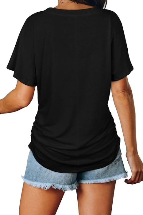 Tricou lejer de vară, cu guler in V, mânecă scurtă, negru S [3]