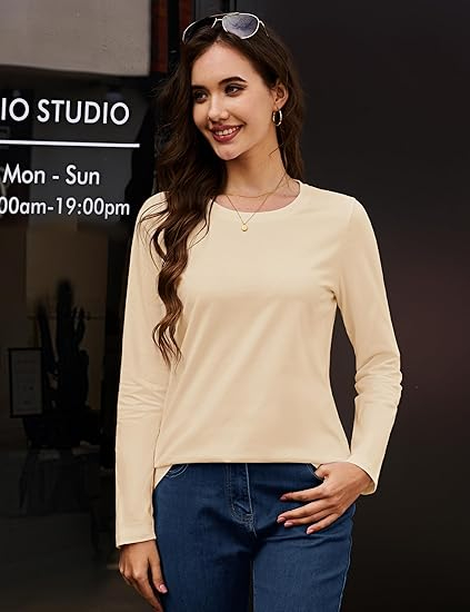 Tricou lejer de vară, cu guler rotund, mânecă lunga, crem S [2]