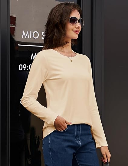 Tricou lejer de vară, cu guler rotund, mânecă lunga, crem S [3]