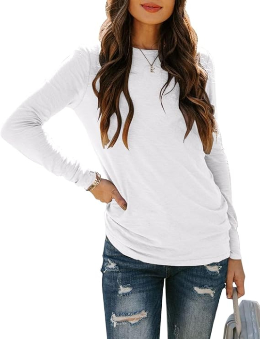 Tricou lejer de vară, cu guler rotund, mânecă lunga, alb S [3]