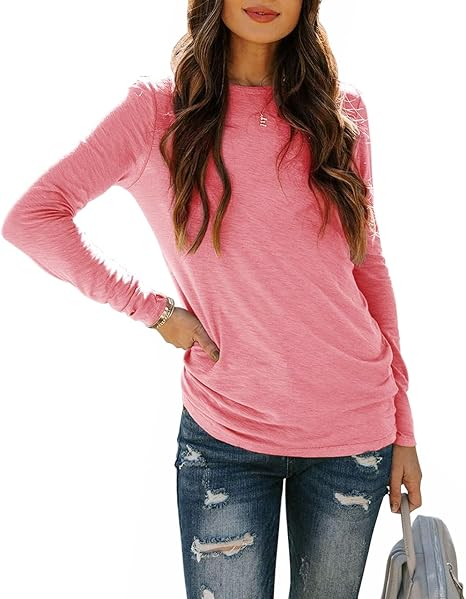 Tricou lejer de vară, cu guler rotund, mânecă lunga, roz L [3]