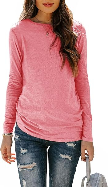 Tricou lejer de vară, cu guler rotund, mânecă lunga, roz L [2]