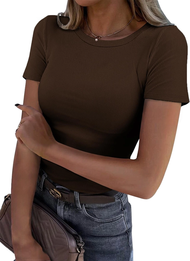 Tricou mulat, cu dungi, slim fit, de vară, cu guler rotund, mânecă scurtă, elastic S maro - [1]