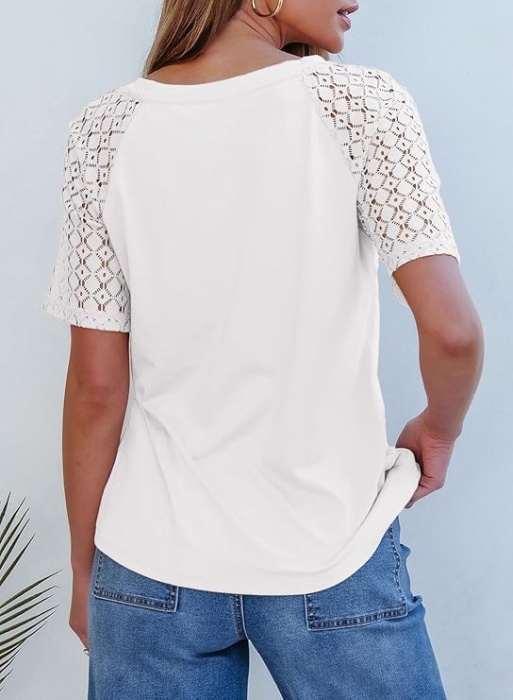 Tricou alb de vară pentru femei, maneci dantelate, decolteu in V, M [3]