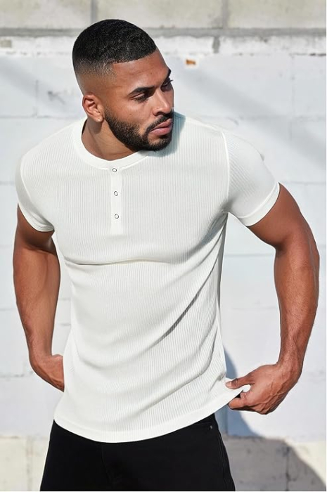 Tricou alb Henley Bărbați Slim Fit, Mâneci scurte, Guler cu Nasturi, L [2]