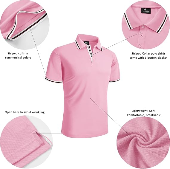 Tricou Polo roz Bărbați, Mânecă Scurtă, Respirabil și Elastic, 3 Nasturi, Casual Sport, 2XL [3]