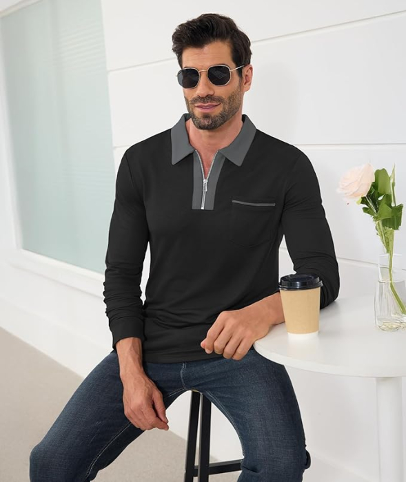 Tricou polo de vara pentru barbati, cu fermoar, negru XL [6]