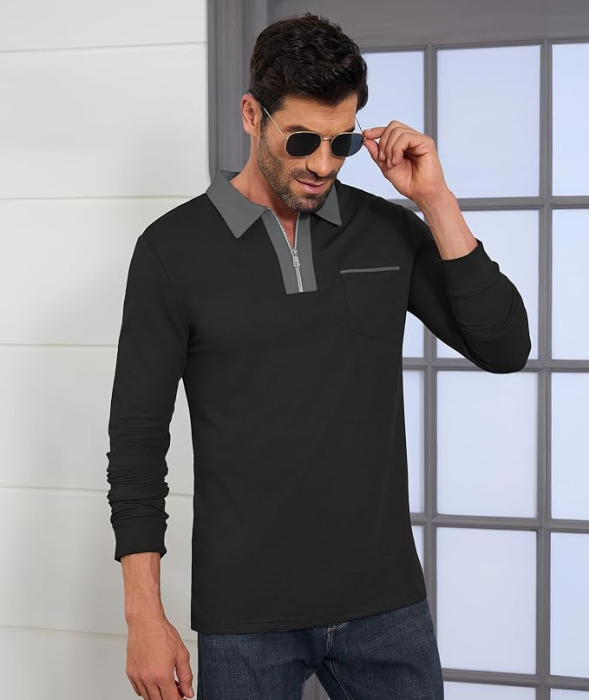 Tricou polo de vara pentru barbati, cu fermoar, negru XL [3]