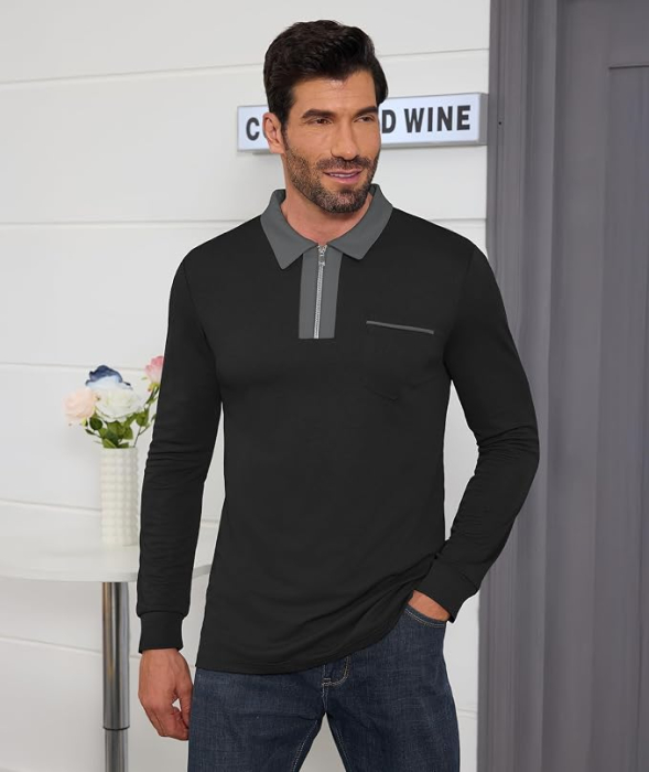 Tricou polo de vara pentru barbati, cu fermoar, negru XL [2]