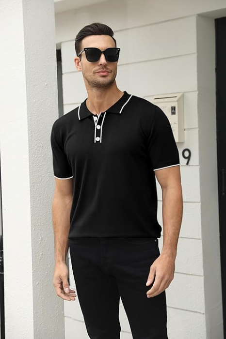 Tricou polo de vara pentru barbati, cu nasturi, negru XL [3]