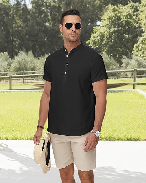 Tricou de vara pentru barbati, cu nasturi, negru S [7]