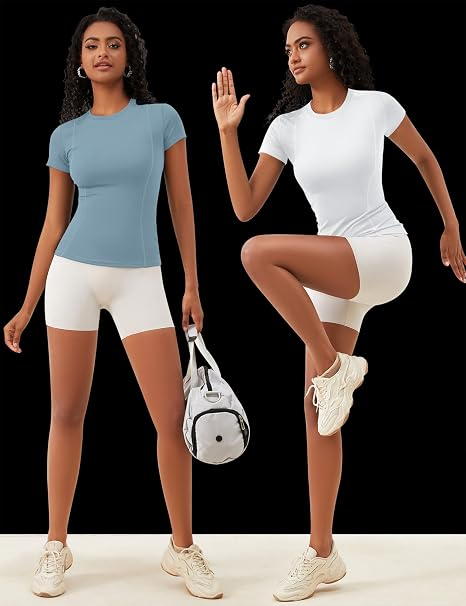Tricouri bleu/alb Sport Damă Seamless, Elastic și Respirabil, Mânecă Scurtă, Fitness și Yoga, L [3]
