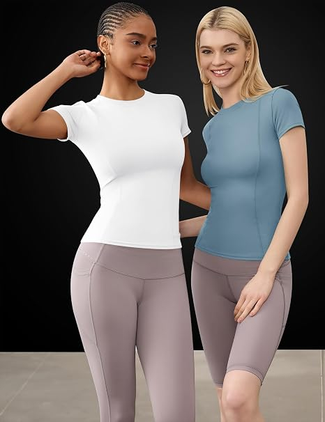 Tricouri bleu/alb Sport Damă Seamless, Elastic și Respirabil, Mânecă Scurtă, Fitness și Yoga, L [4]