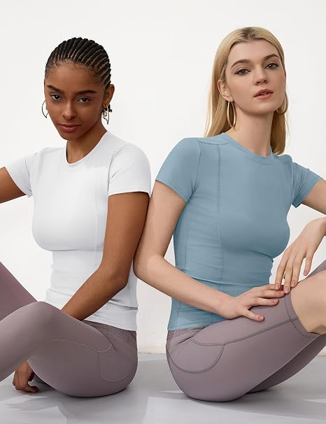 Tricouri bleu/alb Sport Damă Seamless, Elastic și Respirabil, Mânecă Scurtă, Fitness și Yoga, L [5]