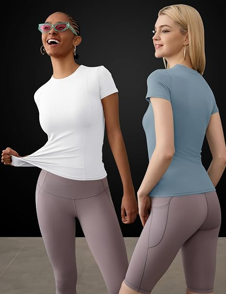 Tricouri bleu/alb Sport Damă Seamless, Elastic și Respirabil, Mânecă Scurtă, Fitness și Yoga, L [2]