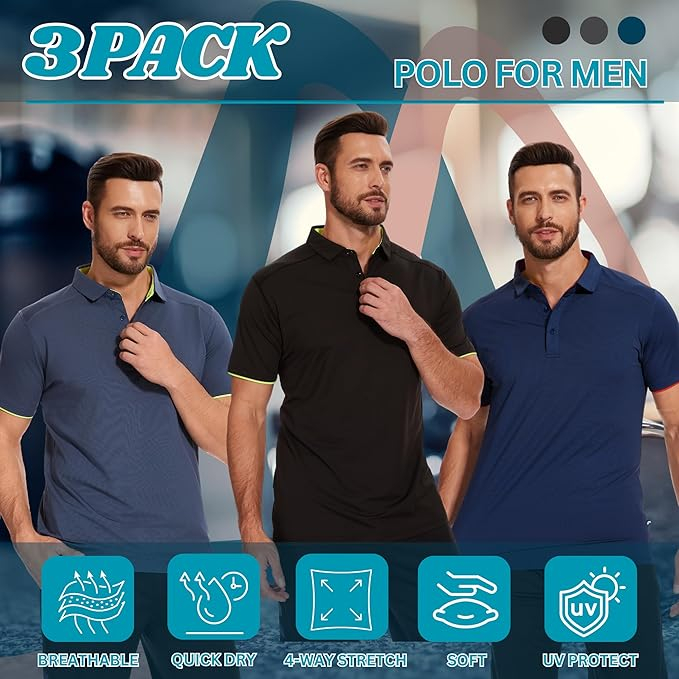 Tricouri polo slim pentru barbati, set 3 bucati Negru/Gri/Albastru Închis S [5]