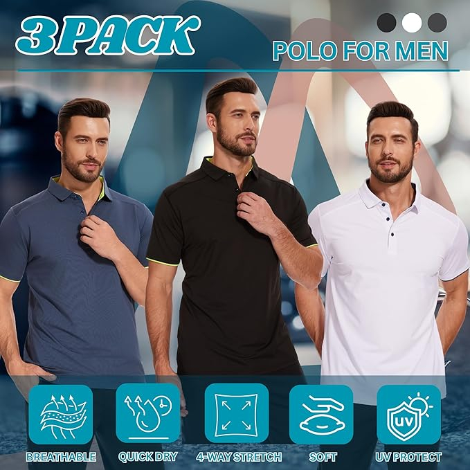 Tricouri polo slim pentru barbati, set 3 bucati Negru/Alb/Gri S [5]