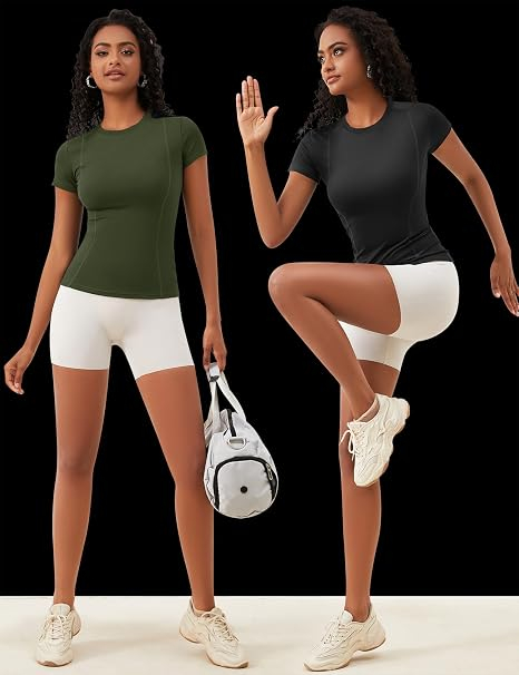 Tricouri Sport Damă, 85% Poliester, 15% Spandex, Elastice și Respirabile, Slim Fit, negru/verde 2 buc S [4]