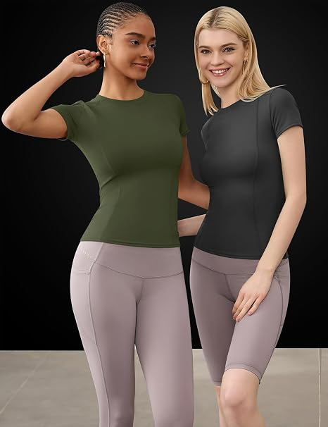 Tricouri Sport Damă, 85% Poliester, 15% Spandex, Elastice și Respirabile, Slim Fit, negru/verde 2 buc S [3]