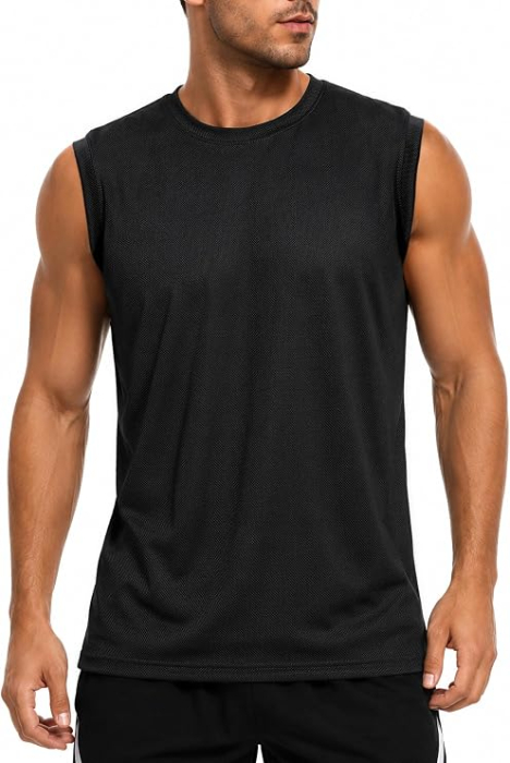 Maiouri negre Sport Bărbați, Mesh Respirabil, 4-Way Stretch, Fără Mâneci, Fitness și Sală, S [2]