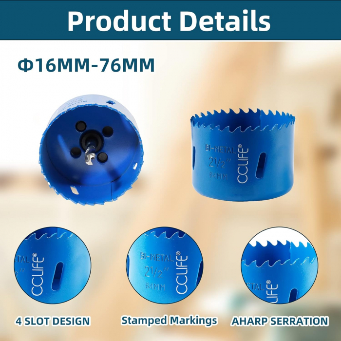 Trusa carote bi-metal M3 HSS-CO, pentru găurirea oțelului inoxidabil, metal ușor, lemn, PVC, plastic etc., 16-76mm adâncime de tăiere 38mm, 18 piese - Reutilizat [5]