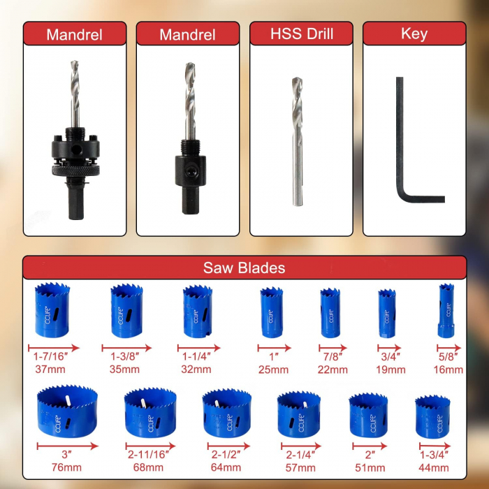 Trusa carote bi-metal M3 HSS-CO, pentru găurirea oțelului inoxidabil, metal ușor, lemn, PVC, plastic etc., 16-76mm adâncime de tăiere 38mm, 18 piese [2]