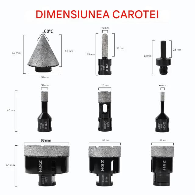 Trusa carote diamantate 6-65 mm + freza diamantata conica, prindere 1 / 4", 9 bucati [2]