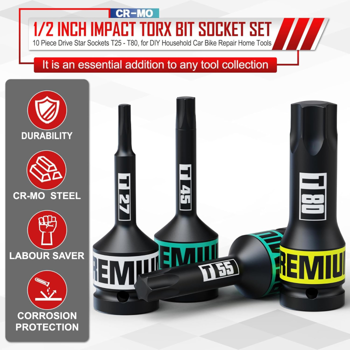 Set biți Torx pentru soclu 1/2in 10 piese – T25–T80 [3]