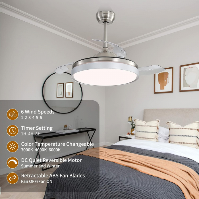 Ventilator de tavan cu lumină LED reglabilă în 3 culori și telecomandă, motor silențios reversibil DC cu 6 trepte [3]