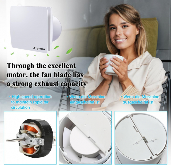 Ventilator baie de 150 mm cu senzor de umiditate si temporizator, functionare silentioasa, consum redus de energie, potrivit pentru bai si bucatarii [7]