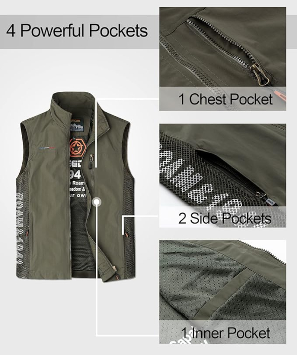 Vesta usoara, respirabila, cu fermoar si buzunare pentru iesiri in natura, verde M [7]