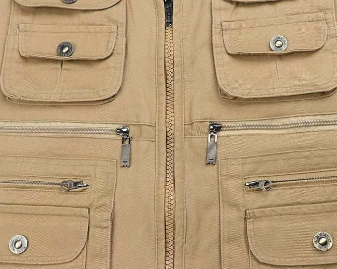 Vesta din denim, cu fermoar si buzunare pentru iesiri in natura, Crem 3XL [6]