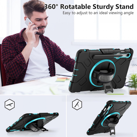 Husă socuri Samsung Galaxy Tab S9 FE 11.9 2023, calitate militară, cu 3 straturi, cu protecție pentru ecran, suport pentru stilou S, suport rotativ, albastru [3]