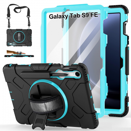 huse protectie - Husă socuri Samsung Galaxy Tab S9 FE 11.9 2023, calitate militară, cu 3 straturi, cu protecție pentru ecran, suport pentru stilou S, suport rotativ, albastru