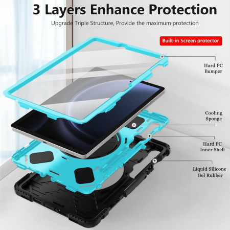 Husă socuri Samsung Galaxy Tab S9 FE 11.9 2023, calitate militară, cu 3 straturi, cu protecție pentru ecran, suport pentru stilou S, suport rotativ, albastru [1]