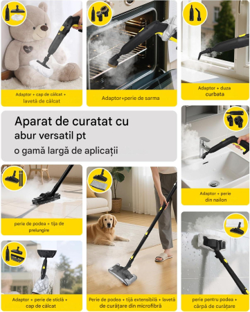 Aparat curatare cu abur, 23 accesorii, cablu 5 m, pentru suprafete, covoare si tapiterie, culoare galben [6]