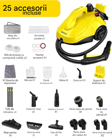 Aparat curatare cu abur, 23 accesorii, cablu 5 m, pentru suprafete, covoare si tapiterie, culoare galben [4]
