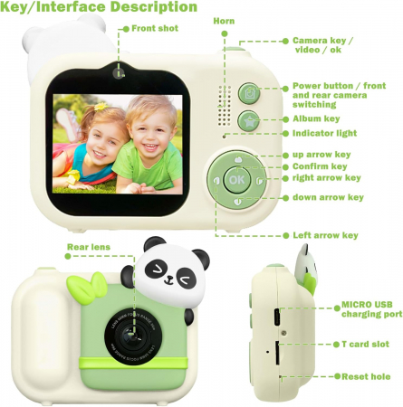 Aparat foto digital selfi Panda pentru copii, 1080P HD cu ecran de 2,5", cu trepied, card 32G, cititor de carduri USB [7]
