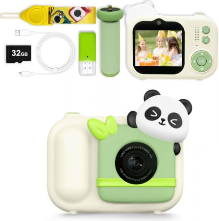 jucarii interactive - Aparat foto digital selfi Panda pentru copii, 1080P HD cu ecran de 2,5", cu trepied, card 32G, cititor de carduri USB