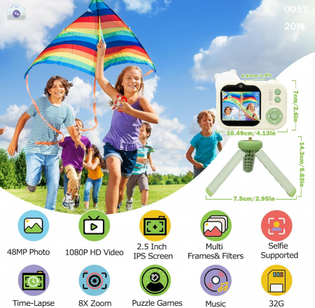 Aparat foto digital selfi Panda pentru copii, 1080P HD cu ecran de 2,5", cu trepied, card 32G, cititor de carduri USB [1]