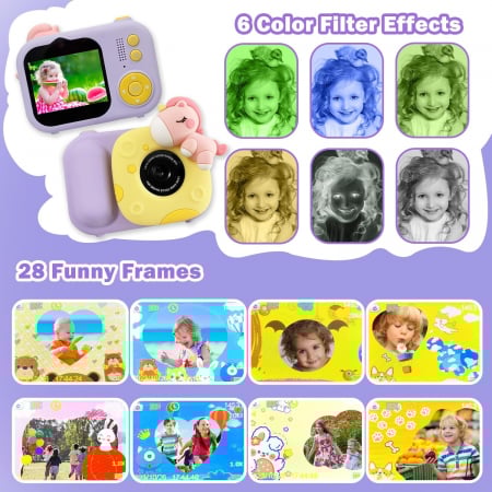 Aparat foto digital selfi Unicorn pentru copii, 1080P HD cu ecran de 2,5", cu trepied, card 32G, cititor de carduri USB [2]