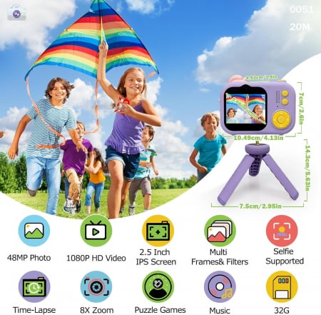 Aparat foto digital selfi Unicorn pentru copii, 1080P HD cu ecran de 2,5", cu trepied, card 32G, cititor de carduri USB [1]