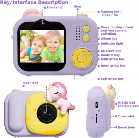 Aparat foto digital selfi Unicorn pentru copii, 1080P HD cu ecran de 2,5", cu trepied, card 32G, cititor de carduri USB [7]