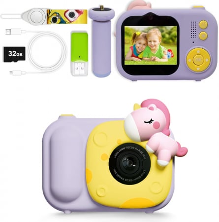 jucarii interactive - Aparat foto digital selfi Unicorn pentru copii, 1080P HD cu ecran de 2,5", cu trepied, card 32G, cititor de carduri USB